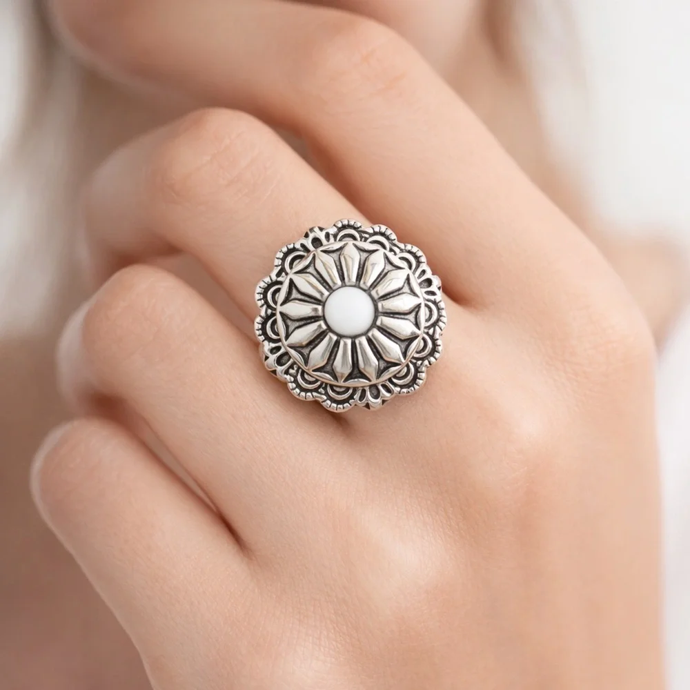 Silver Floral White Bead Stretch Ring | Nickel Free Statement Ring